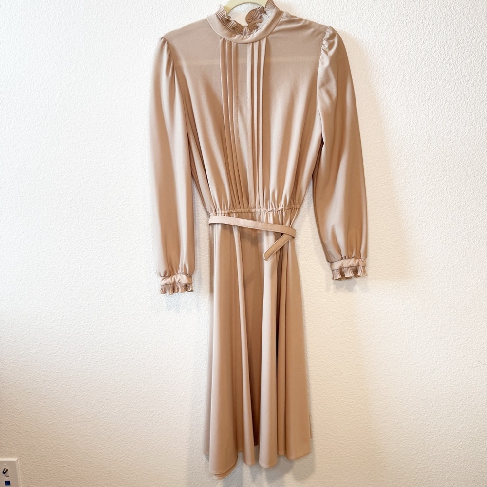 Montgomery Ward Vintage Collared Pleated Taupe Dress